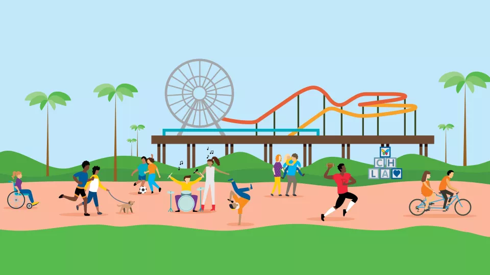Cartoon image of the Santa Monica Pier scene with roller coaster and Ferris wheel in the background