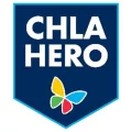 Dark blue pentagon with the text CHLA HERO above the colorful Children's Hospital Los Angeles butterfly logo